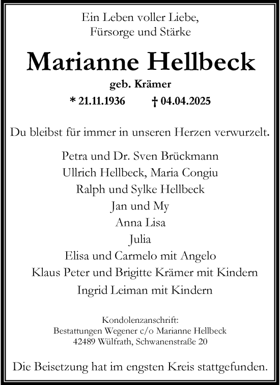 Traueranzeige von Marianne Hellbeck von trauer.wuppertaler-rundschau.de