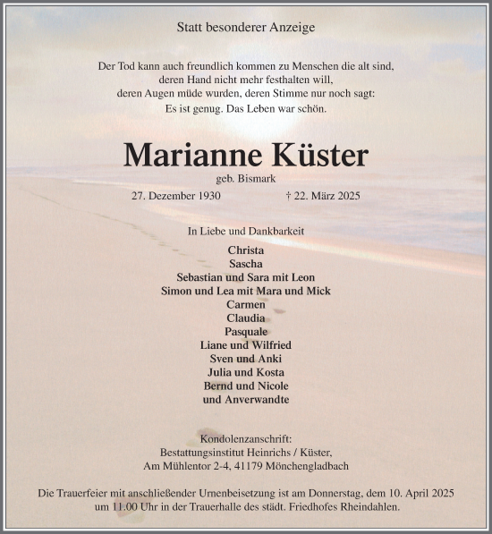 Traueranzeige von Marianne Küster von trauer.extra-tipp-moenchengladbach.de