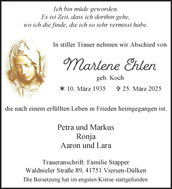Traueranzeige von Marlene Ehlen von trauer.extra-tipp-moenchengladbach.de