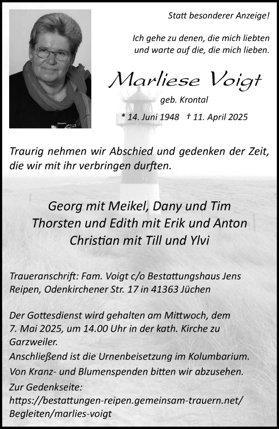 Traueranzeige von Marliese Voigt von trauer.stadt-kurier.de