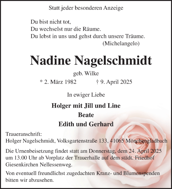 Traueranzeige von Nadine Nagelschmidt von trauer.extra-tipp-moenchengladbach.de