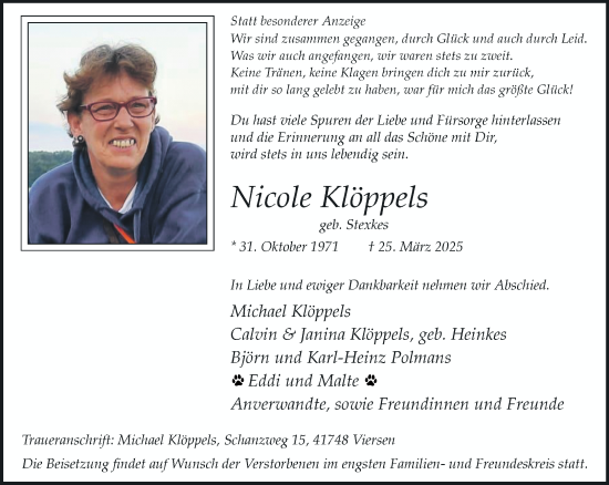 Traueranzeige von Nicole Klöppels von trauer.extra-tipp-moenchengladbach.de