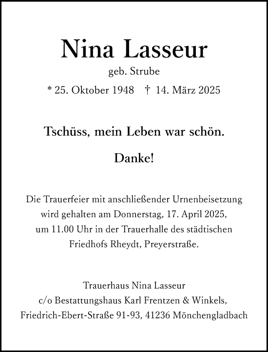 Traueranzeige von Nina Lasseur von trauer.extra-tipp-moenchengladbach.de