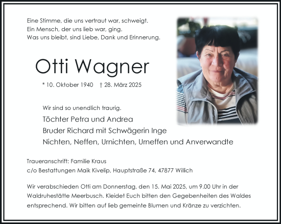 Traueranzeige von Otti Wagner von trauer.extra-tipp-moenchengladbach.de