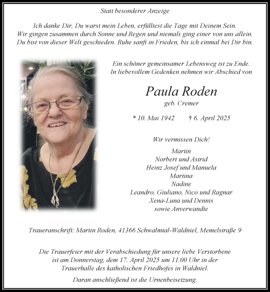 Traueranzeige von Paula Roden von trauer.extra-tipp-moenchengladbach.de