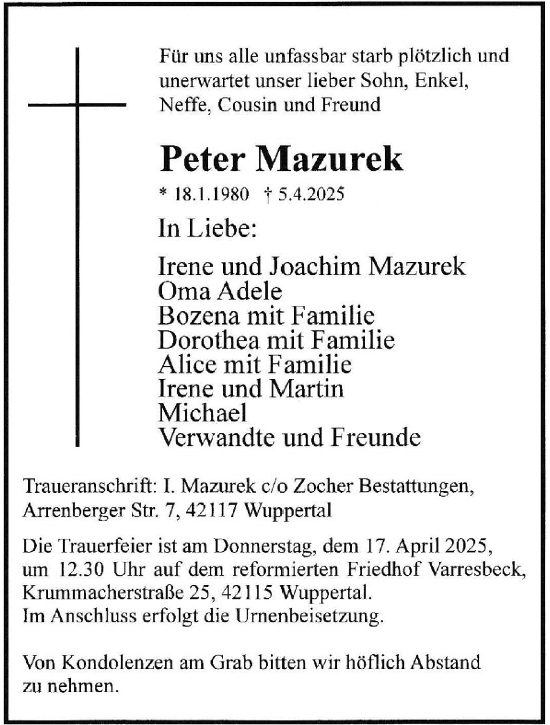 Traueranzeige von Peter Mazurek von trauer.wuppertaler-rundschau.de