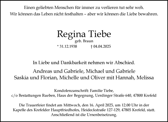 Traueranzeige von Regina Tiebe von trauer.extra-tipp-moenchengladbach.de