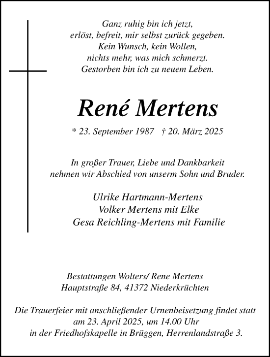 Traueranzeige von Rene Mertens von trauer.extra-tipp-moenchengladbach.de