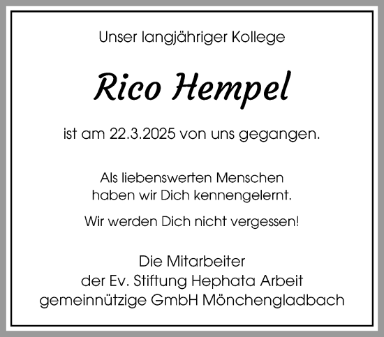 Traueranzeige von Rico Hempel von trauer.extra-tipp-moenchengladbach.de