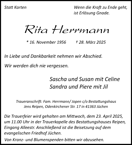 Traueranzeige von Rita Herrmann von trauer.stadt-kurier.de