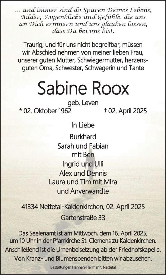 Traueranzeige von Sabine Roox von trauer.extra-tipp-moenchengladbach.de