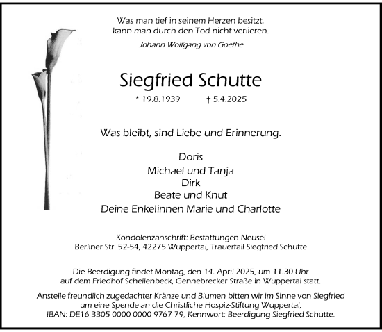 Traueranzeige von Siegfried Schutte von trauer.wuppertaler-rundschau.de