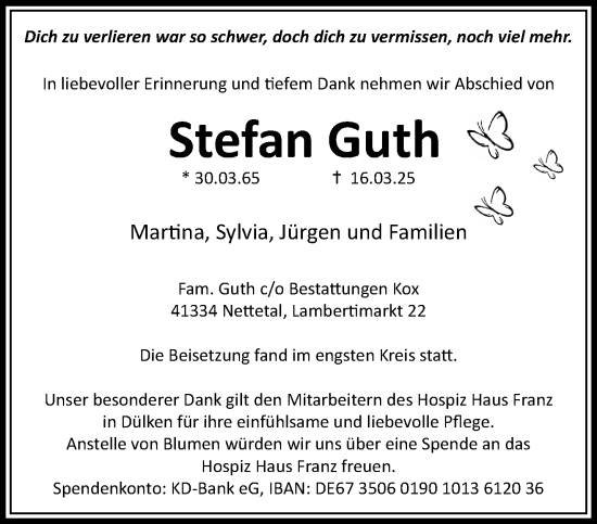 Traueranzeige von Stefan Guth von trauer.extra-tipp-moenchengladbach.de