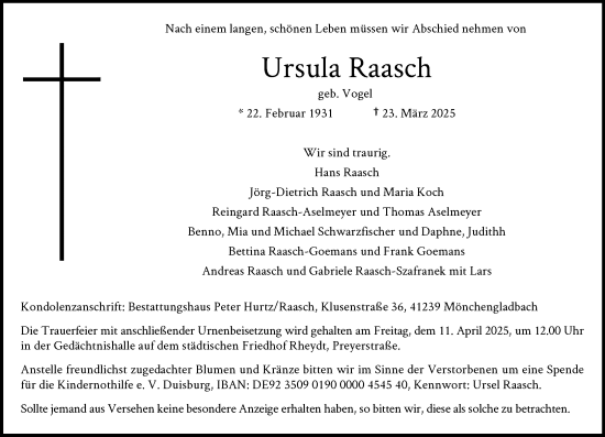 Traueranzeige von Ursula Raasch von trauer.extra-tipp-moenchengladbach.de