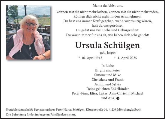 Traueranzeige von Ursula Schülgen von trauer.extra-tipp-moenchengladbach.de