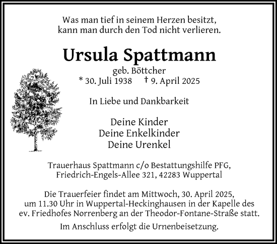 Traueranzeige von Ursula Spattmann von trauer.wuppertaler-rundschau.de