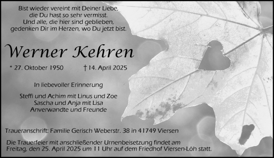 Traueranzeige von Werner Kehren von trauer.extra-tipp-moenchengladbach.de