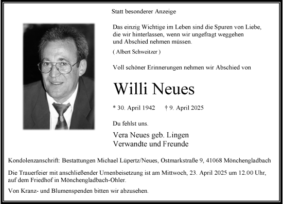 Traueranzeige von Willi Neues von trauer.extra-tipp-moenchengladbach.de