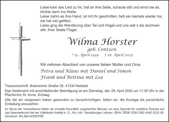 Traueranzeige von Wilma Horster von trauer.extra-tipp-moenchengladbach.de