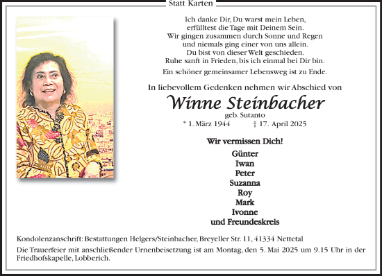 Traueranzeige von Winne Steinbacher von trauer.extra-tipp-moenchengladbach.de