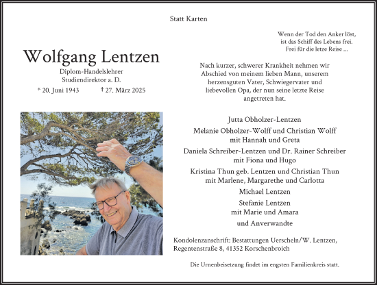Traueranzeige von Wolfgang Lentzen von trauer.extra-tipp-moenchengladbach.de