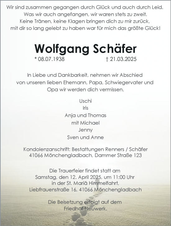 Traueranzeige von Wolfgang Schäfer von trauer.extra-tipp-moenchengladbach.de