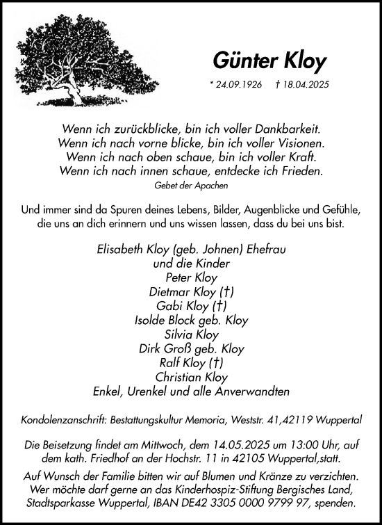 Traueranzeige von Günter Kloy von Wuppertaler Rundschau
