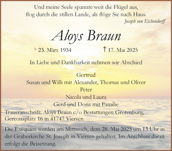 Traueranzeige von Aloys Braun von trauer.extra-tipp-moenchengladbach.de