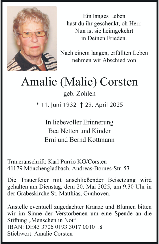 Traueranzeige von Amalie Corsten von trauer.extra-tipp-moenchengladbach.de