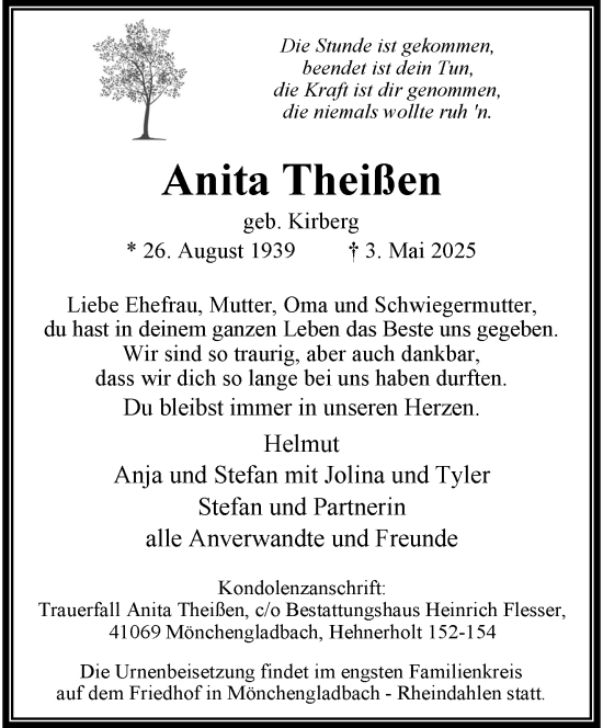 Traueranzeige von Anita Theißen von trauer.extra-tipp-moenchengladbach.de