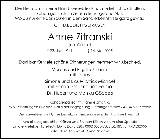 Traueranzeige von Anne Zitranski von trauer.extra-tipp-moenchengladbach.de