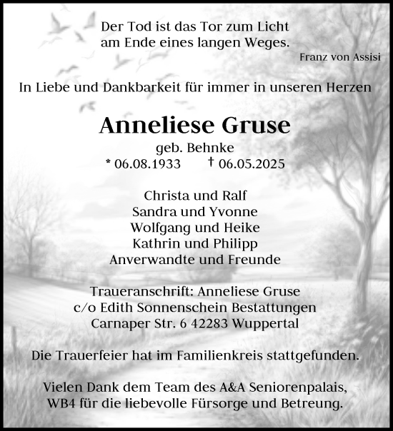 Traueranzeige von Anneliese Gruse von trauer.wuppertaler-rundschau.de