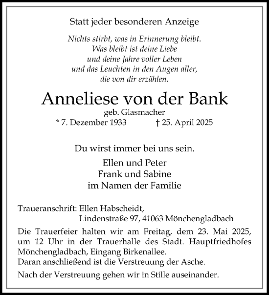 Traueranzeige von Anneliese von der Bank von trauer.extra-tipp-moenchengladbach.de