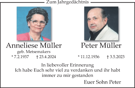 Traueranzeige von Anneliese und Peter Müller von trauer.extra-tipp-moenchengladbach.de