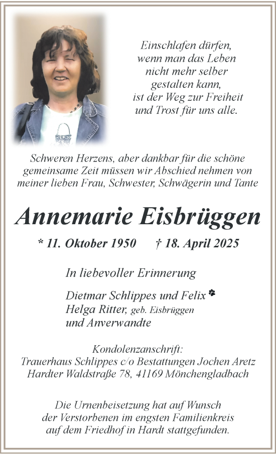 Traueranzeige von Annemarie Eisbrüggen von trauer.extra-tipp-moenchengladbach.de