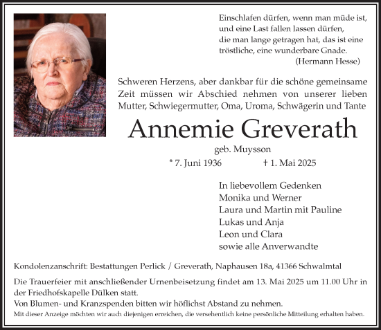 Traueranzeige von Annemie Greverath von trauer.extra-tipp-moenchengladbach.de