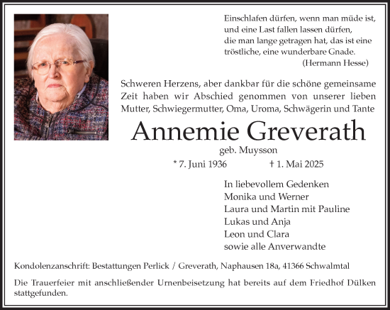 Traueranzeige von Annemie Greverath von trauer.extra-tipp-moenchengladbach.de
