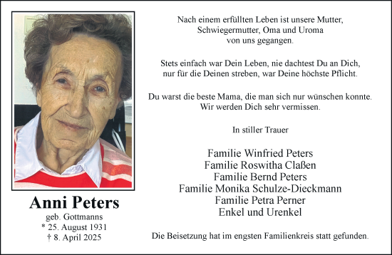 Traueranzeige von Anni Peters von trauer.extra-tipp-moenchengladbach.de