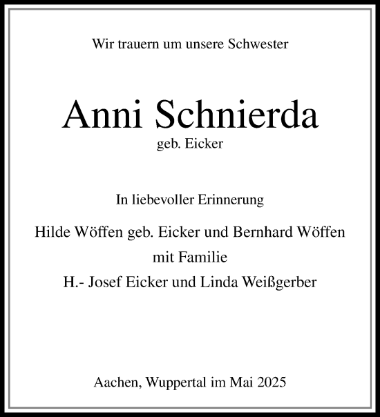 Traueranzeige von Anni Schnierda von trauer.extra-tipp-moenchengladbach.de