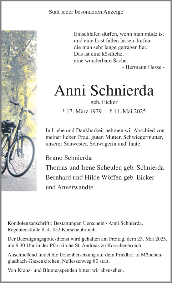 Traueranzeige von Anni Schnierda von trauer.extra-tipp-moenchengladbach.de
