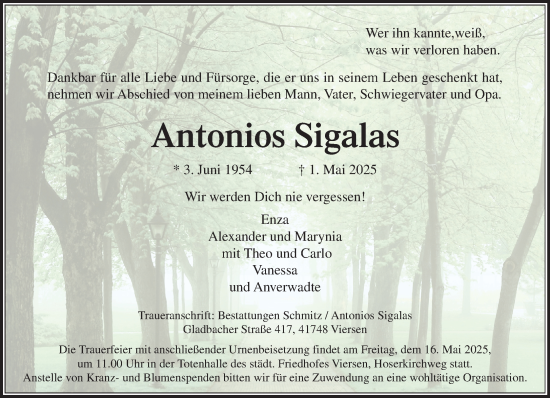 Traueranzeige von Antonios Sigalas von trauer.extra-tipp-moenchengladbach.de