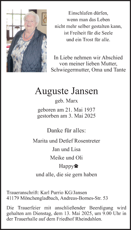 Traueranzeige von Auguste Jansen von trauer.extra-tipp-moenchengladbach.de