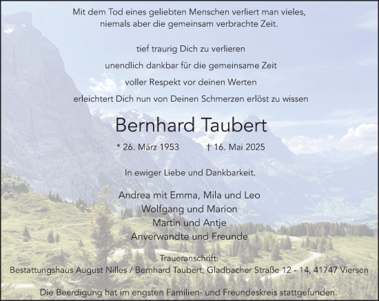 Traueranzeige von Bernhard Taubert von trauer.extra-tipp-moenchengladbach.de