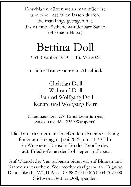 Traueranzeige von Bettina Doll von trauer.wuppertaler-rundschau.de