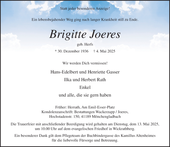 Traueranzeige von Brigitte Joeres von trauer.extra-tipp-moenchengladbach.de