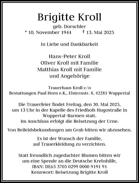 Traueranzeige von Brigitte Kroll von trauer.wuppertaler-rundschau.de