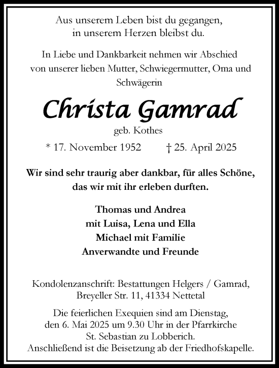 Traueranzeige von Christa Gamrad von trauer.extra-tipp-moenchengladbach.de