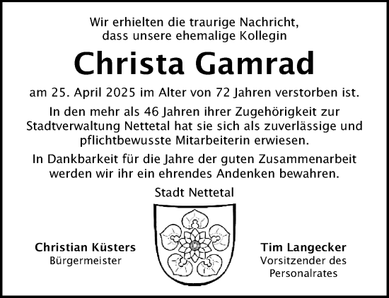 Traueranzeige von Christa Gamrad von trauer.extra-tipp-moenchengladbach.de