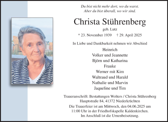 Traueranzeige von Christa Stührenberg von trauer.extra-tipp-moenchengladbach.de