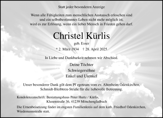 Traueranzeige von Christel Kürlis von trauer.extra-tipp-moenchengladbach.de